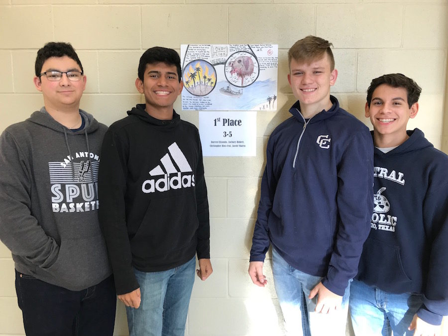 Mr. Casslers Graphic Project 1st Place award winners from left to right: Darren Elizondo, Christopher Rios-Cruz, Zachary Hubert, and Jacob Ybarra.